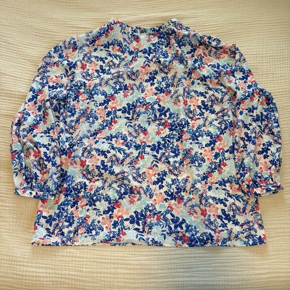 Talbots Blouse Ruffle Trim Popover Too Women's Sz 3X Plus Blue Pink Floral Sheer - Picture 6 of 9